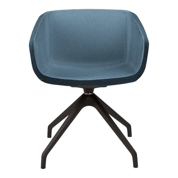 Blue upholstered modern chair with geometric shape and a sleek black metal base. Perfect for stylish interiors.