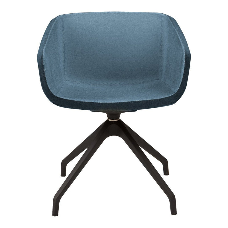 Blue upholstered modern chair with geometric shape and a sleek black metal base. Perfect for stylish interiors.