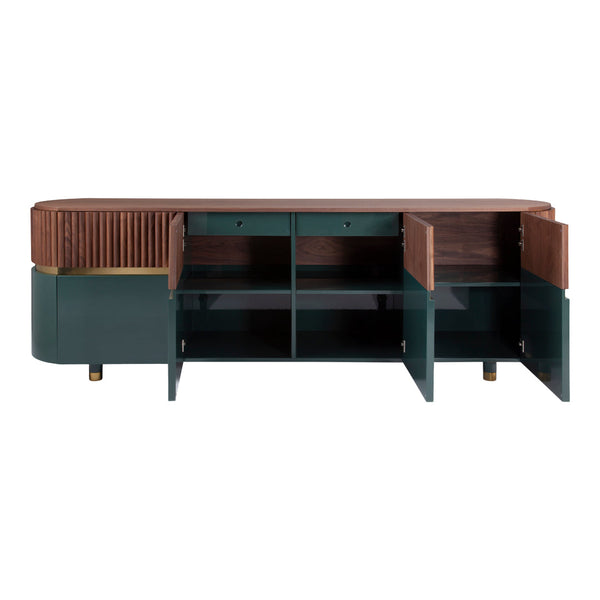 Teal and natural wood sideboard with ribbed brown top and gold accents, showcasing modern geometric design.