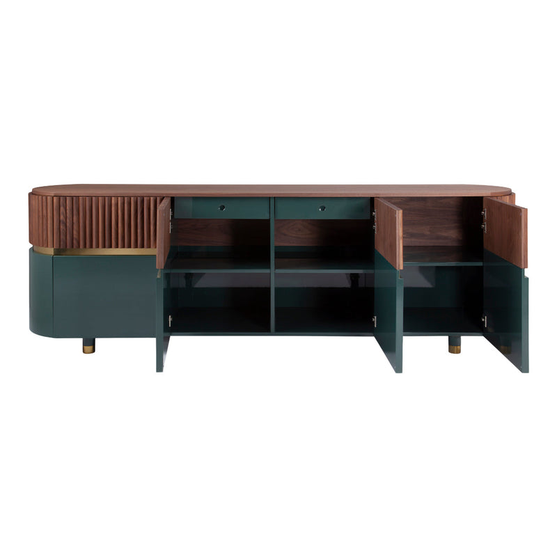 Teal and natural wood sideboard with ribbed brown top and gold accents, showcasing modern geometric design.