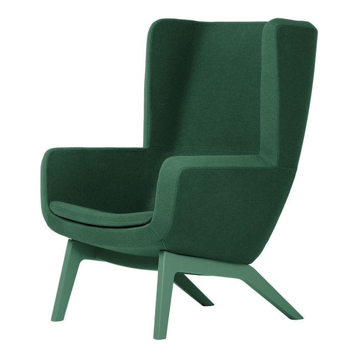 Green upholstered high-back chair with a sleek design and modern minimalist aesthetic.