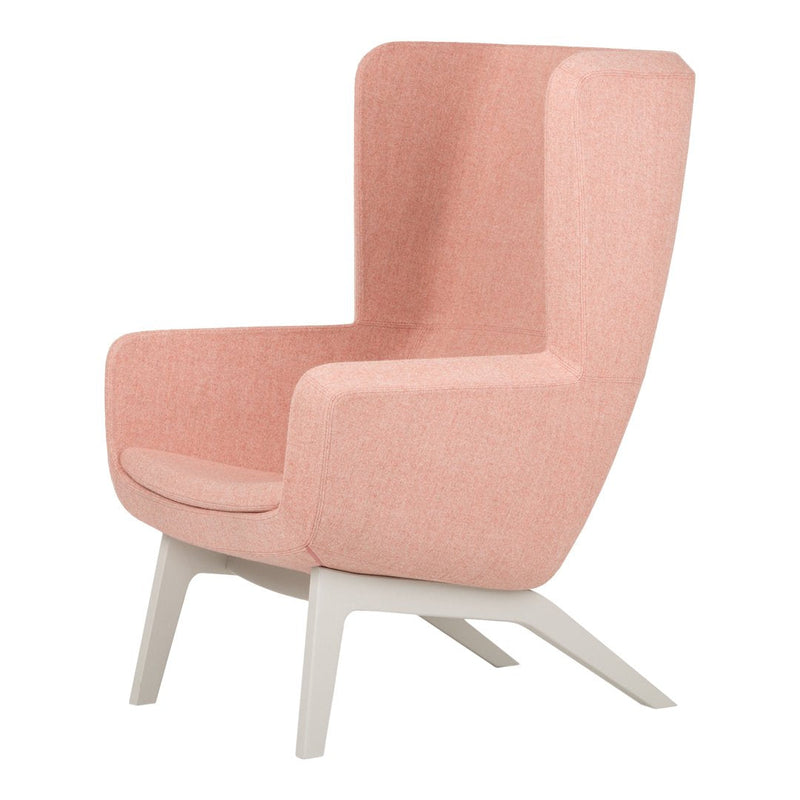 Soft pink upholstered chair with a contemporary design and light gray legs, featuring a smooth, textured surface.