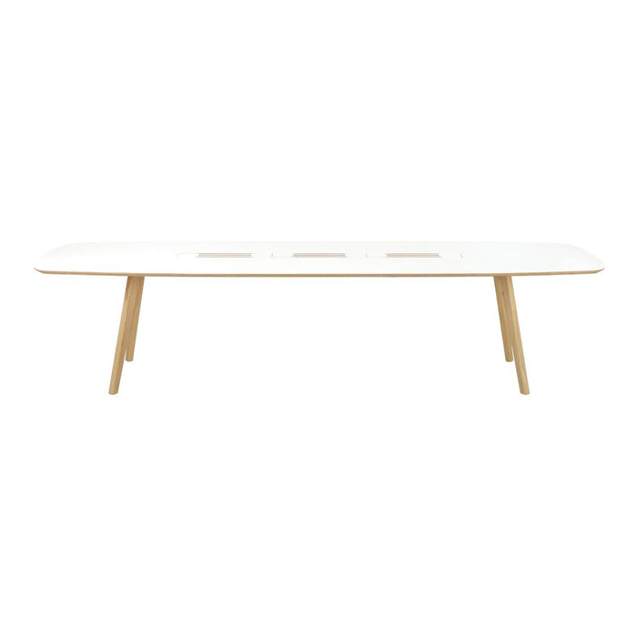 White wooden table with a smooth surface and natural wood legs, featuring a minimalist design and no visible patterns.