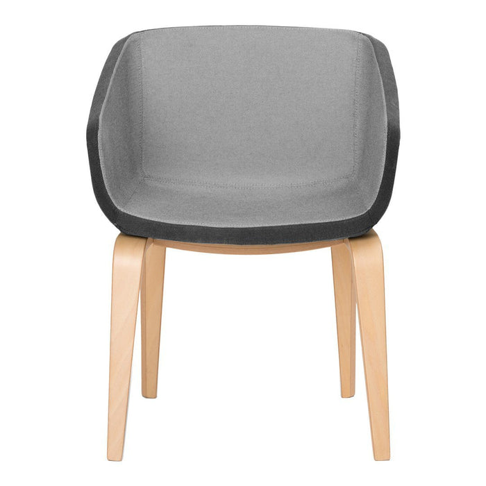 Gray upholstered chair with a black trim and natural wood legs, featuring a modern, minimalist design.