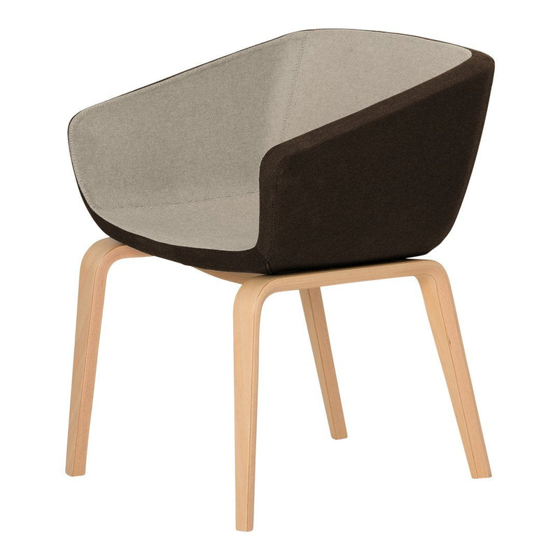 Modern upholstered chair featuring a gray and dark brown color scheme with natural wood legs.