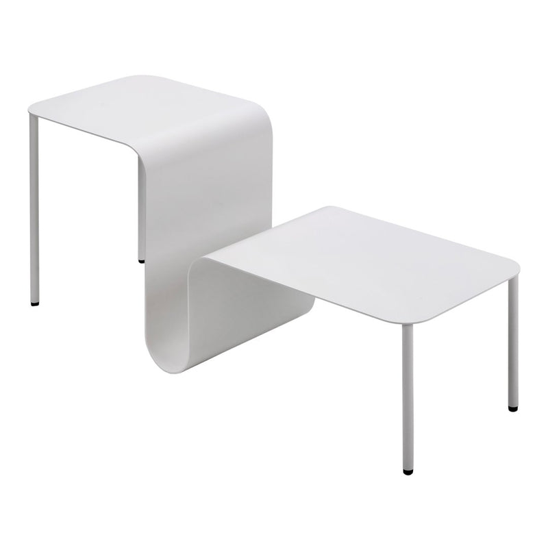 White modern side table with a sleek, minimalist design and smooth, curved surfaces. Perfect for contemporary decor.