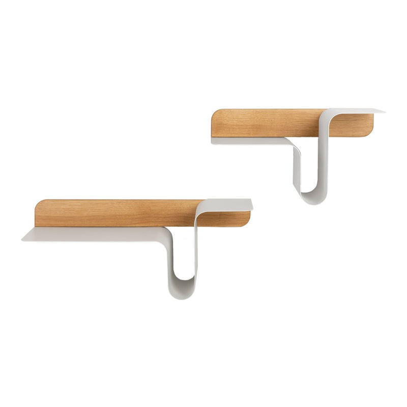 Modern floating shelves with a light wood top and sleek white metal brackets. Perfect for minimalist decor.