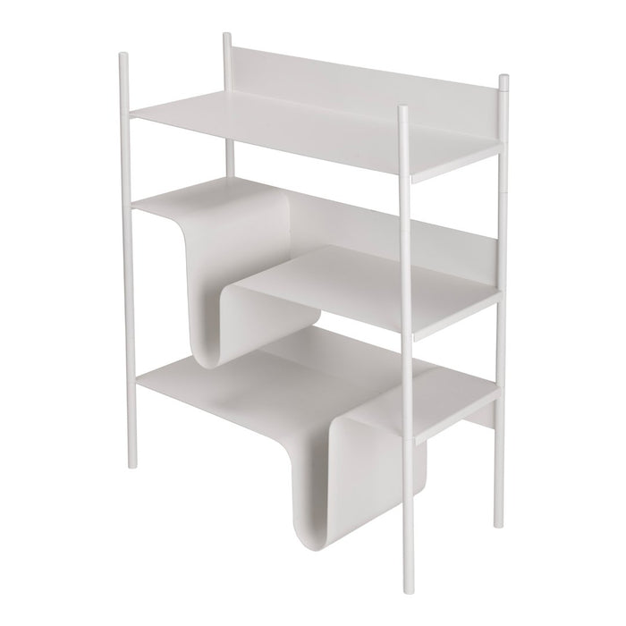 White minimalist shelving unit with smooth, curved shelves and a modern design, perfect for contemporary decor.