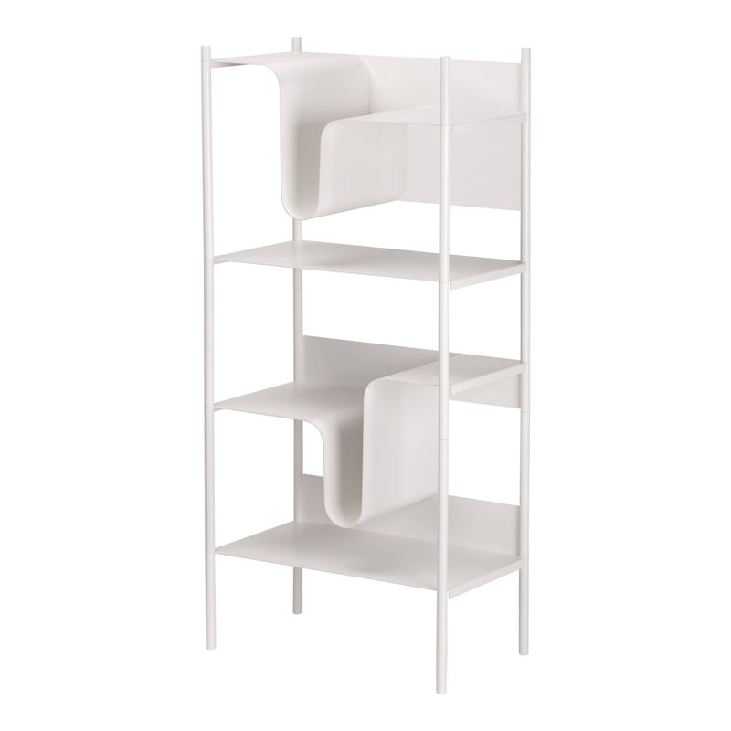 White shelf with curved, wave-like pattern. Modern design, four tiers for storage or display. Minimalistic aesthetic.