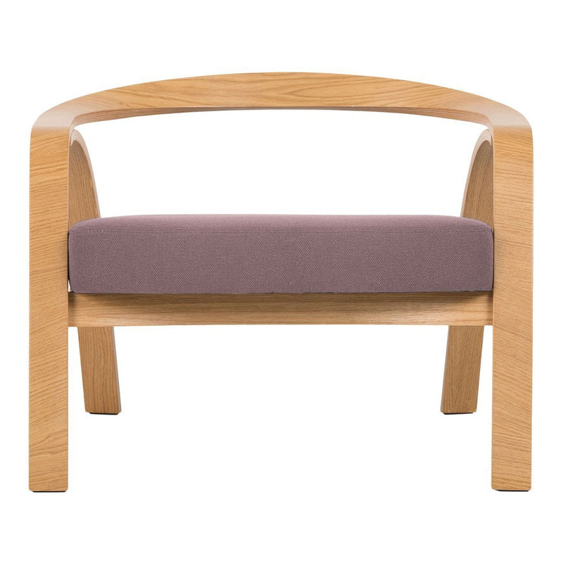 Light wood frame with a curved shape, featuring a soft purple cushion for a modern, minimalist look.