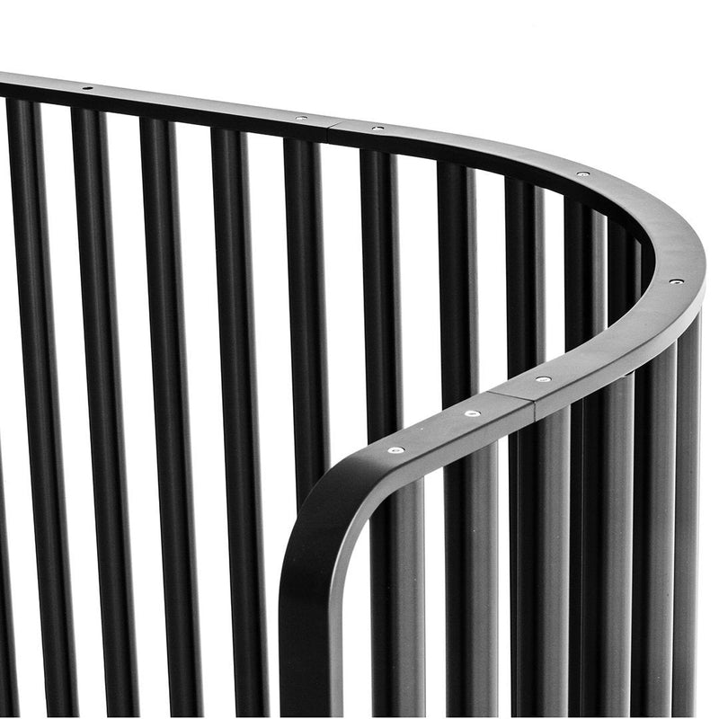 "Curved black metal railing with vertical slats, sleek modern design accentuating minimalist aesthetics."
