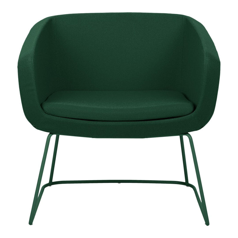 Green upholstered chair with a sleek, modern design and minimalist metal legs. Perfect for stylish interiors.