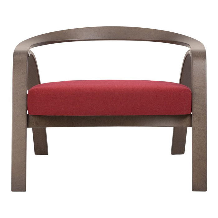 Red upholstered chair with a sleek, light wood frame featuring a modern, curved design.