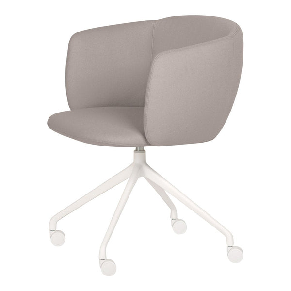 Modern gray fabric swivel chair with a smooth, curved design and a white four-star base. Perfect for contemporary decor.