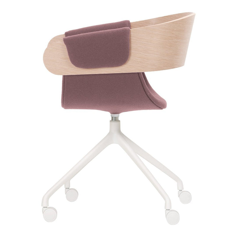 Stylish desk chair featuring a light wood frame and soft mauve upholstery, combined with a sleek white base.