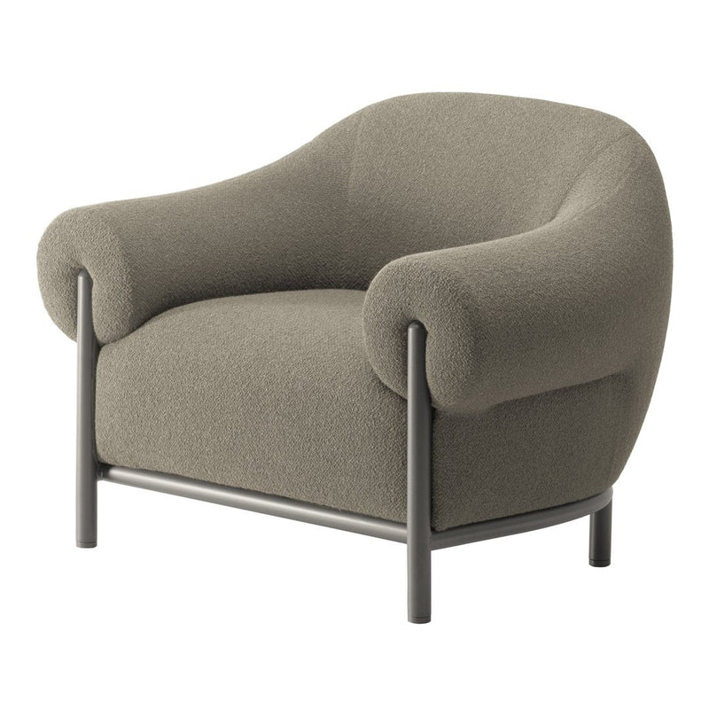 Soft gray upholstered armchair with rounded contours and a minimalist design, featuring a subtle textured pattern.