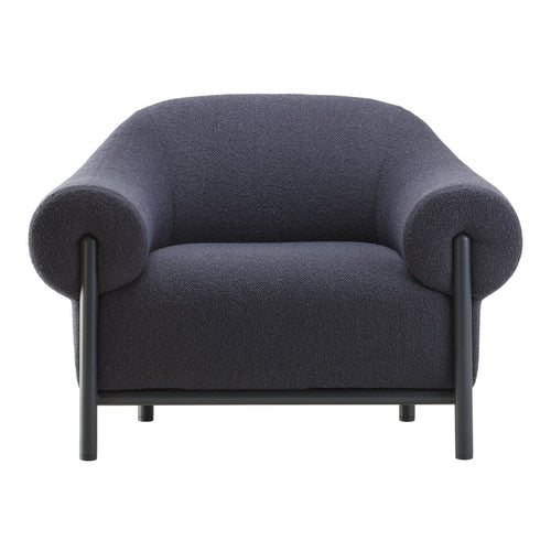 Navy blue textured upholstered armchair with rounded arms and black metal frame, perfect for modern decor.
