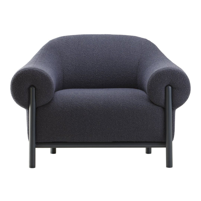 Navy blue textured upholstered armchair with rounded arms and black metal frame, perfect for modern decor.