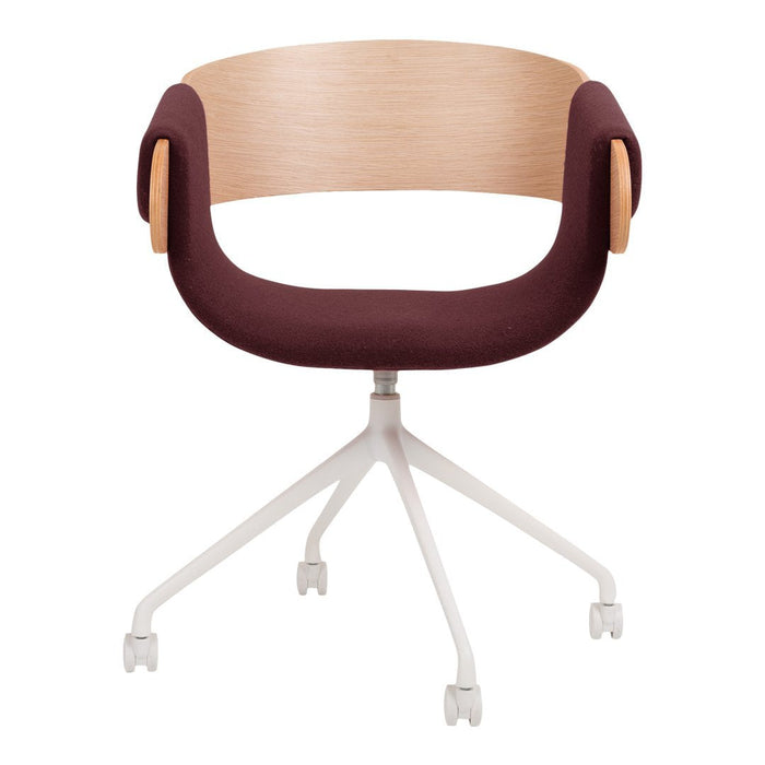 Modern chair featuring a deep burgundy fabric seat and light wood curved backrest on a white base. Minimalist design.