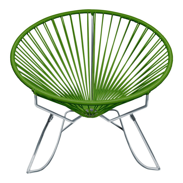 "Vibrant green Acapulco chair with a sunburst pattern and sleek silver metal legs."