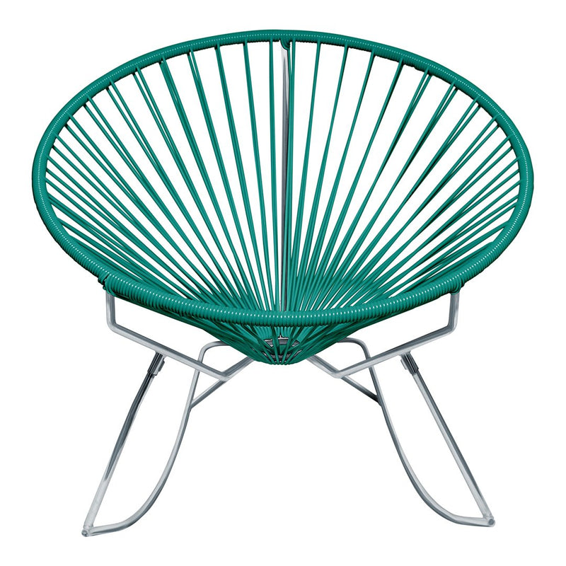 Acapulco chair in vibrant teal with a sleek, modern pattern and metallic silver base, perfect for stylish decor.
