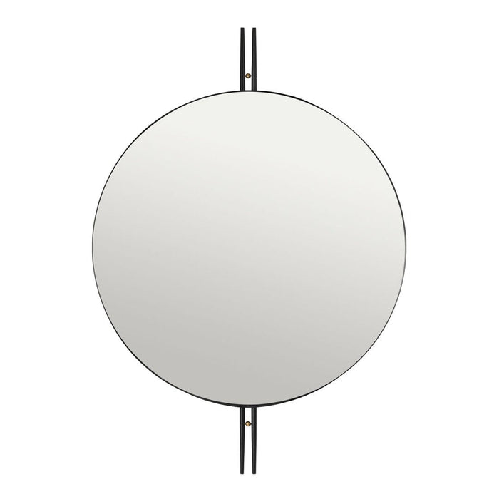 Circular mirror with a sleek black frame and minimalist design, featuring simple lines and a reflective surface.