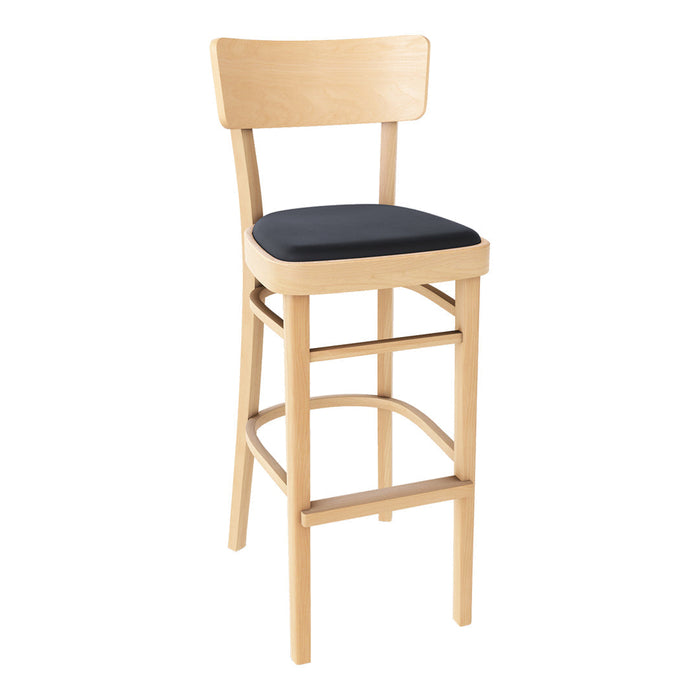 Wooden bar stool with a natural finish and solid black cushioned seat. Minimalist design, perfect for modern decor.