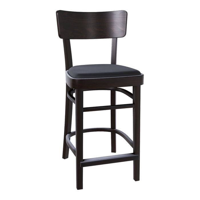 Dark wood bar stool with a sleek black upholstered seat and a minimalistic, classic design.