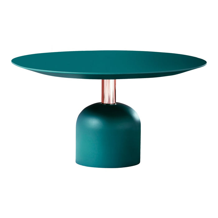 Teal oval table with a glossy finish and a rounded base, featuring a sleek pink accent stem. Perfect for modern decor.