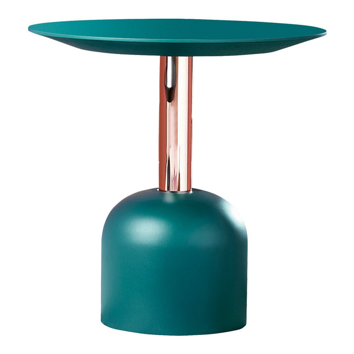 Teal round table with a sleek rose gold metallic base, featuring a smooth surface and modern design.