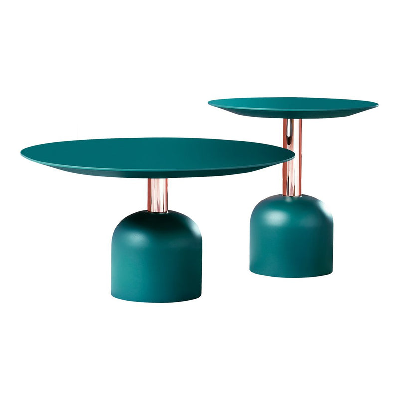 Teal round coffee tables with sleek designs and contrasting copper legs, perfect for modern decor.