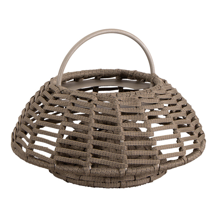 Brown woven basket with an open lattice design and a sturdy handle, featuring earthy tones and a unique shape.