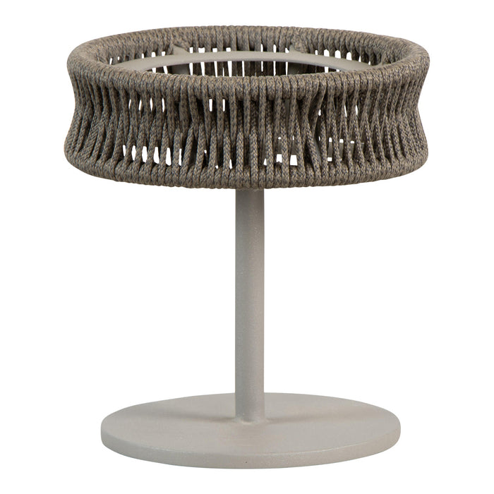 Gray woven basket-style table with a sleek round base, showcasing a textured pattern for modern decor.