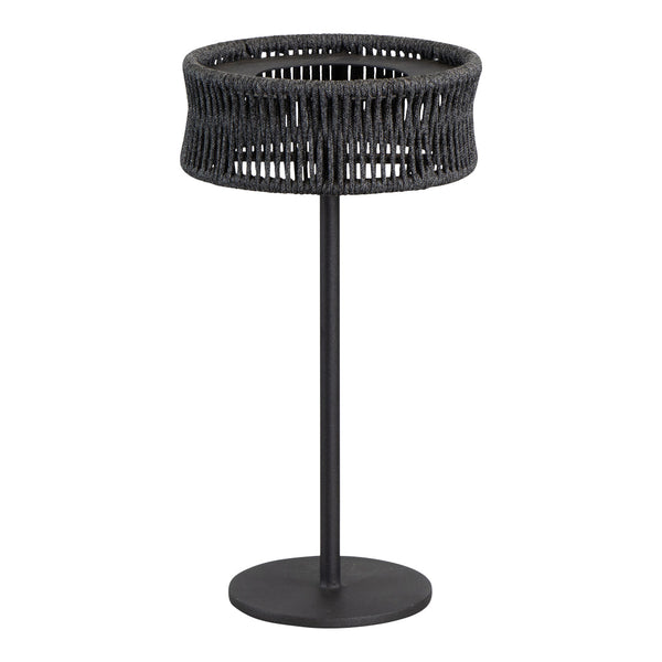 Black woven lamp stand with an intricate pattern and sleek metal base. Modern design for stylish lighting.