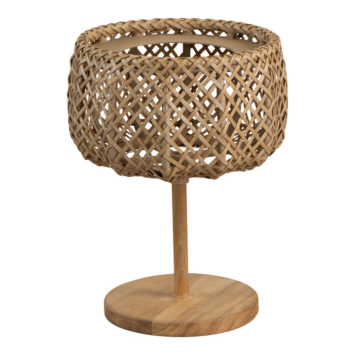 Woven natural bamboo lamp with a round black solar panel, featuring intricate patterns and warm lighting.