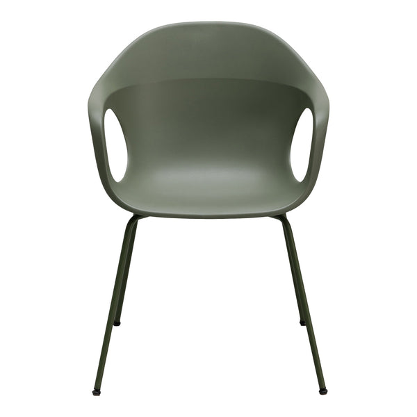 Green molded plastic chair with sleek design and matching legs, perfect for modern decor.