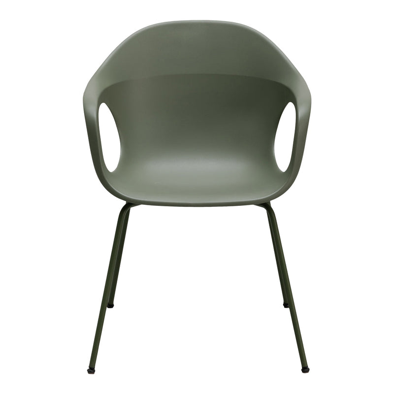 Green molded plastic chair with sleek design and matching legs, perfect for modern decor.