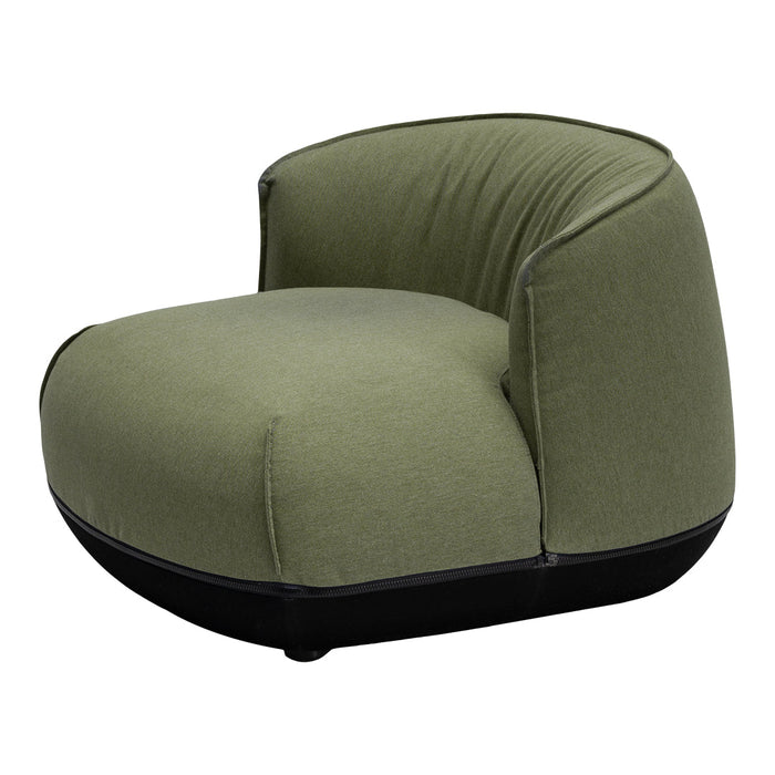 "Soft olive green chair with a smooth black base, featuring a simple, stylish pattern."