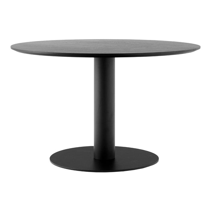 Black round dining table with a sleek matte finish and simple cylindrical pedestal base. Ideal for modern decor.
