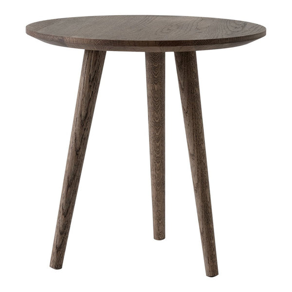Round wooden side table in a rich dark brown finish with smooth surface and tapered legs. Perfect for modern decor.