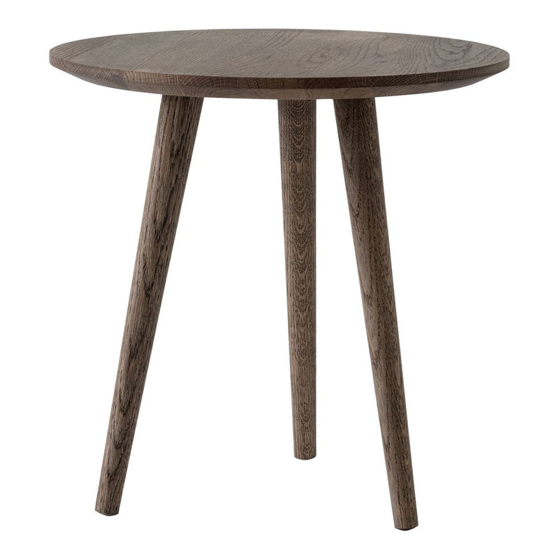 Round wooden side table in a rich dark brown finish with smooth surface and tapered legs. Perfect for modern decor.