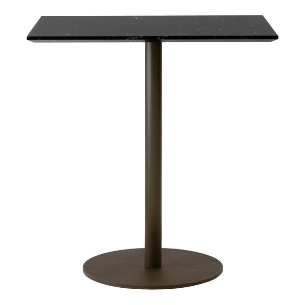 Black tabletop with a smooth finish and a sleek brown base, creating a modern minimalist look.