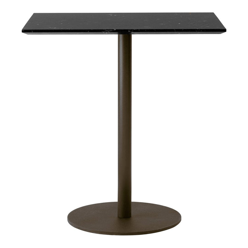 Black tabletop with a smooth finish and a sleek brown base, creating a modern minimalist look.