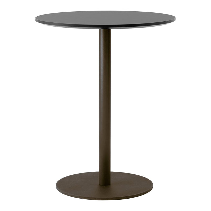 Round black tabletop with a sleek brown base, featuring a minimalist design. Perfect for modern decor.