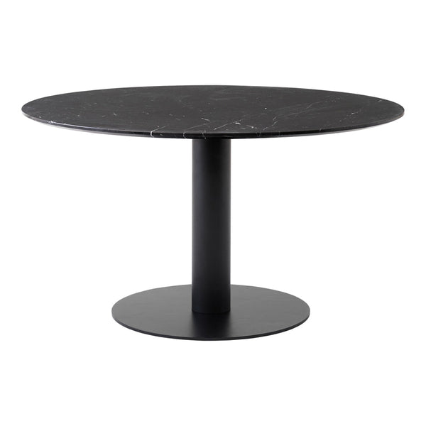 Round black marble table with a sleek black metal base, featuring a smooth, elegant surface and minimalist design.