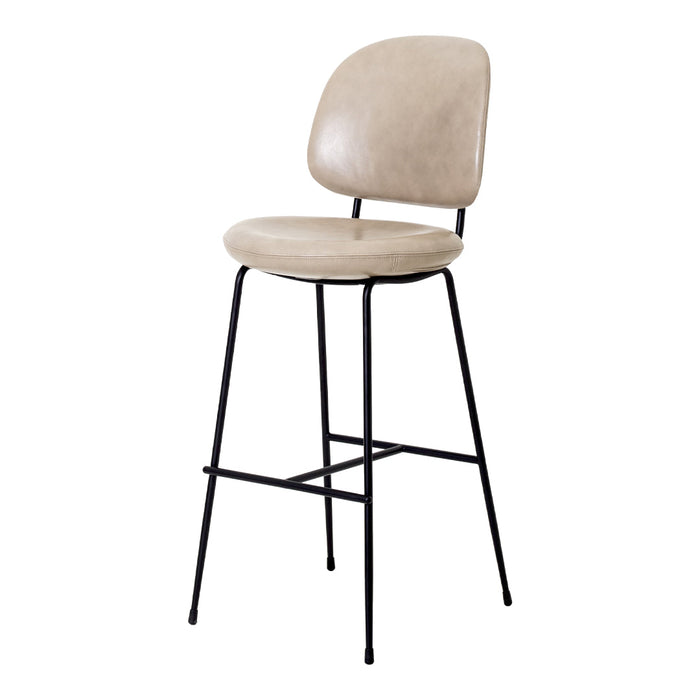 Beige upholstered bar stool with a minimalist design and black metal legs. Ideal for modern decor.