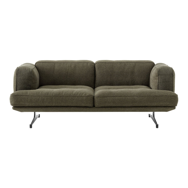 Olive green modern sofa with plush cushions and smooth fabric, featuring a minimalist black metal frame.