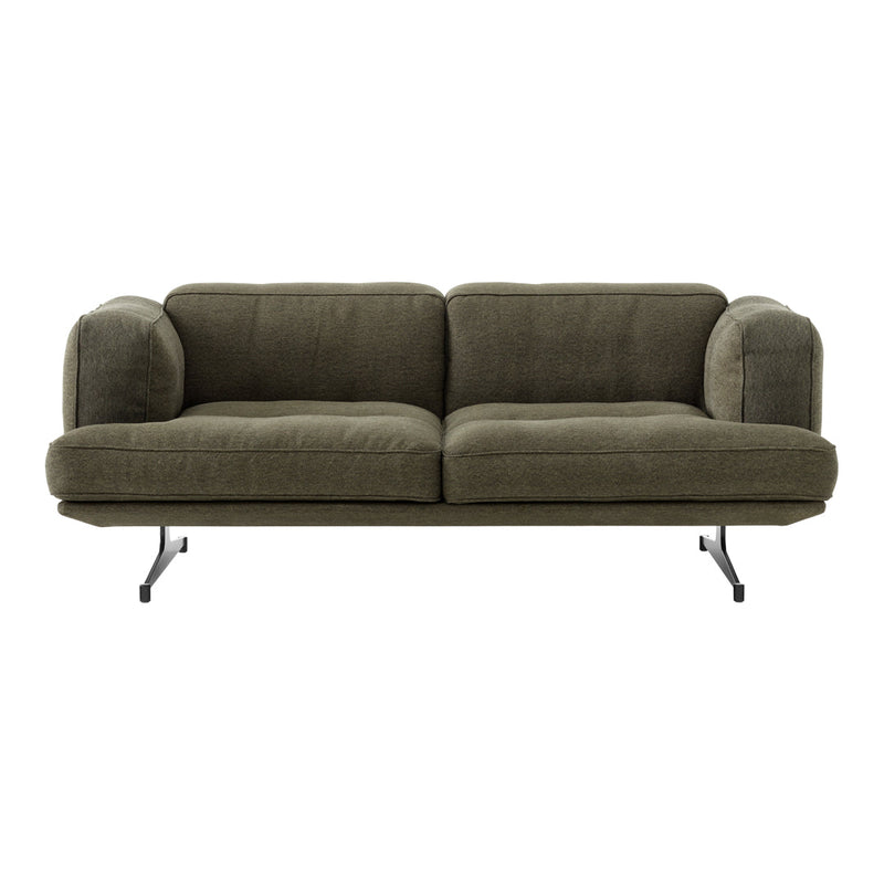 Olive green modern sofa with plush cushions and smooth fabric, featuring a minimalist black metal frame.