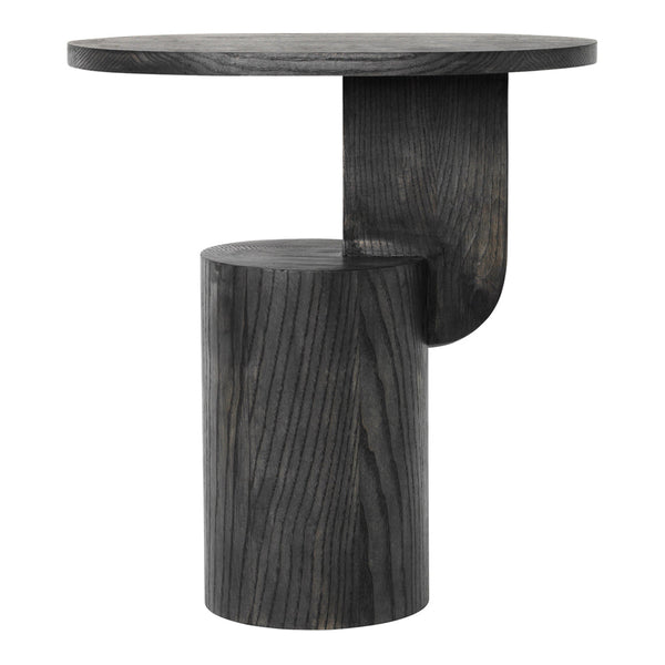 Black wooden side table with a sleek, minimalist design featuring a round top and cylindrical base, showcasing a textured finish.