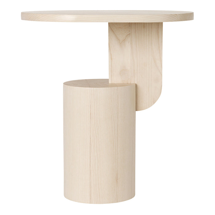 Light wood end table with minimalist design, featuring a round top and cylindrical base in a natural finish.